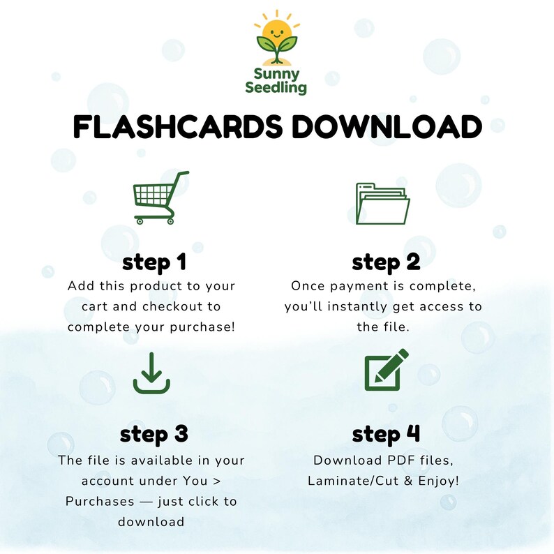 May include: White graphic with the text "FLASHCARDS DOWNLOAD" and a logo of a smiling sprout. The image shows a four-step guide to downloading flashcards: adding to cart, accessing the file, downloading the PDF, and enjoying.