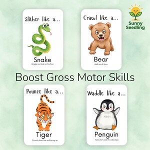 May include: Educational flashcards featuring animal illustrations. The cards include a green snake, a brown bear, an orange tiger, and a black and white penguin. Text on the cards encourages children to mimic animal movements. The phrase "Boost Gross Motor Skills" is also displayed.