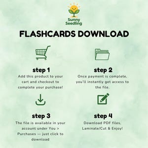 May include: Graphic with the text "FLASHCARDS DOWNLOAD" and a logo. The image shows a shopping cart, file folders, a download icon, and a pencil icon with instructions on how to download the flashcards.