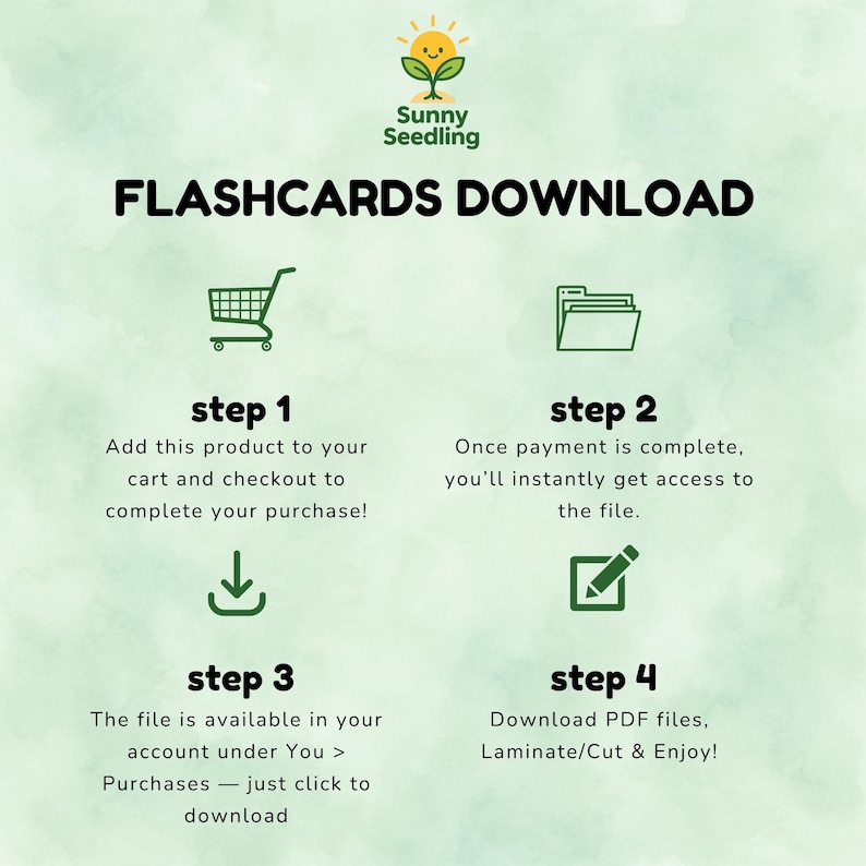 May include: Graphic with the text "FLASHCARDS DOWNLOAD" and a logo. The image shows a shopping cart, file folders, a download icon, and a pencil icon with instructions on how to download the flashcards.