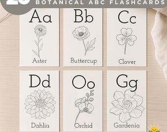 ABC Botanical Alphabet flashcards, Printable cards for nursery art, floral designs, digital download PDF