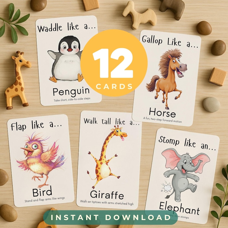 May include: Educational flashcards featuring animal illustrations, including a penguin, horse, bird, giraffe, and elephant. The cards have text that describes animal movements. The image includes wooden animal toys and the text "12 CARDS" and "INSTANT DOWNLOAD".