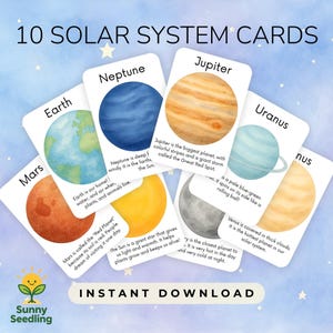 Puede incluir: Diez tarjetas del sistema solar con ilustraciones de acuarela de planetas, incluyendo la Tierra, Marte y Júpiter. Cada tarjeta presenta el nombre del planeta y una breve descripción. Las palabras "Descarga instantánea" están en la parte inferior.