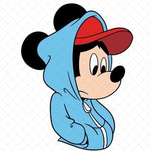 May include: Cartoon illustration of Mickey Mouse wearing a light blue hoodie and a red baseball cap. The character is depicted in profile, with a neutral expression. The background is white with a subtle pattern.