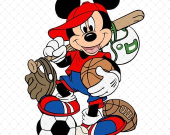 May include: Cartoon illustration of Mickey Mouse in a red baseball cap and shirt, blue pants, and red and blue shoes. Mickey is holding a basketball, baseball bat, baseball glove, football, and soccer ball. A white baseball helmet with a green "A" is behind him.