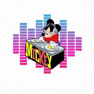 May include: A cartoon illustration of Mickey Mouse as a DJ, wearing headphones and a red jacket, mixing on turntables. The word "MICKEY" is displayed in yellow and red on the DJ booth. A colorful sound wave graphic is in the background.