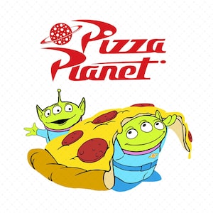 May include: A graphic featuring the Pizza Planet logo in red with a planet and a pizza slice with two green aliens. The aliens are wearing blue uniforms and are smiling. The pizza has pepperoni.