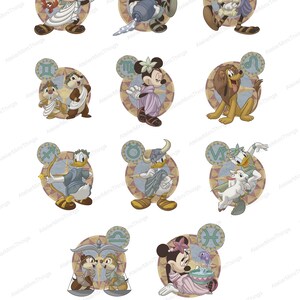 May include: A collection of eleven digital illustrations featuring Disney characters dressed as zodiac signs, including Mickey, Minnie, Goofy, Donald, and Chip 'n Dale, set against circular backgrounds with astrological symbols and the text AtelierMimiThings 300 DPI PNG.