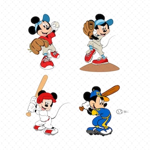 Puede incluir: Cuatro imágenes de dibujos animados de Mickey Mouse jugando béisbol. Mickey se muestra lanzando, bateando y fildeando. Lleva uniformes de béisbol en rojo, azul y blanco. Las imágenes están sobre un fondo blanco con un sutil patrón de diamantes.