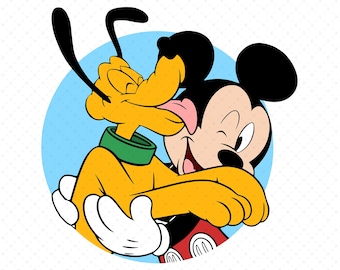 1035 - ミッキーとプルートが抱き合う線画（SVG、EPS、Jpeg、DXF、PNG