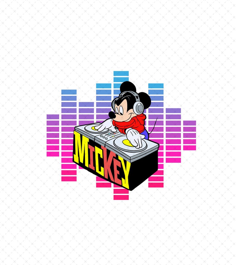 May include: A cartoon illustration of Mickey Mouse as a DJ, wearing headphones and a red jacket, mixing on turntables. The word "MICKEY" is displayed in yellow and red on the DJ booth. A colorful sound wave graphic is in the background.
