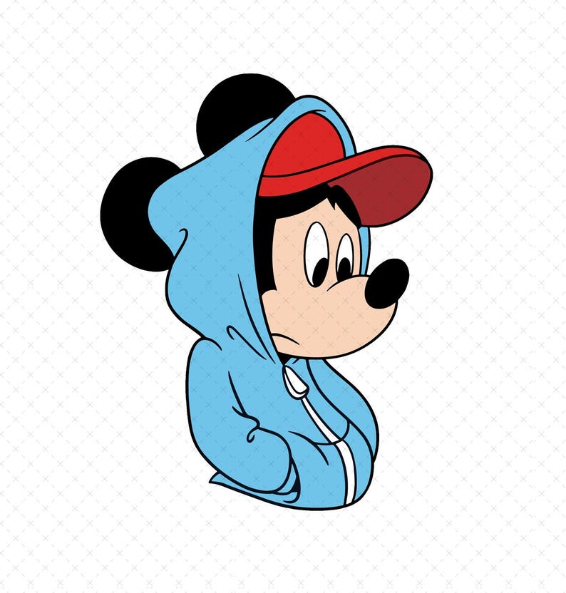 May include: Cartoon illustration of Mickey Mouse wearing a light blue hoodie and a red baseball cap. The character is depicted in profile, with a neutral expression. The background is white with a subtle pattern.