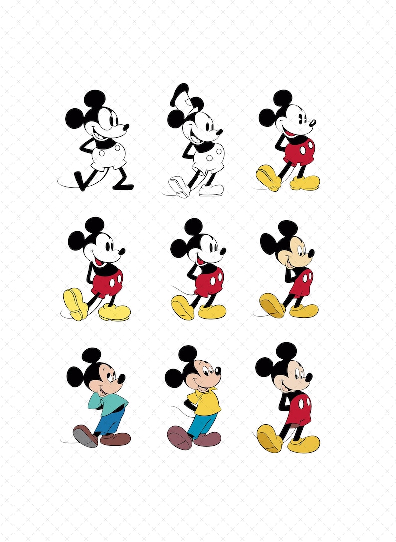 May include: Nine illustrations of Mickey Mouse in various poses and outfits. Mickey is depicted in his classic black and white look, as well as in color with red shorts, yellow shoes, and a yellow shirt. The background is white with a subtle pattern.