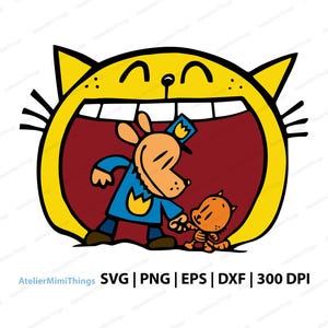 Puede incluir: Una ilustración gráfica digital que presenta una cabeza de gato amarilla grande con la boca muy abierta. Dentro de la boca, un personaje de perro de dibujos animados con uniforme azul sostiene la mano de un pequeño gatito naranja. El texto AtelierMimiThings SVG PNG EPS DXF 300 DPI aparece debajo.