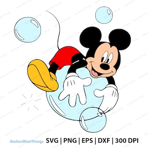 May include: A cartoon mouse with black ears, a peach face, red shorts, and yellow shoes, shown interacting with several light blue bubbles. The text AtelierMimiThings SVG | PNG | EPS | DXF | 300 DPI is printed at the bottom of the image.
