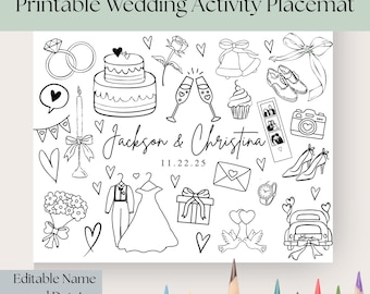 May include: A black and white printable wedding activity placemat with various wedding-themed illustrations, including rings, a cake, champagne glasses, and a car. The text "Jackson & Christina" and the date "11.22.25" are featured. The placemat measures 11"x8.5".