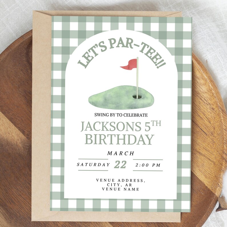 Golf Birthday Invitation Template Gingham Partee, Editable Canva