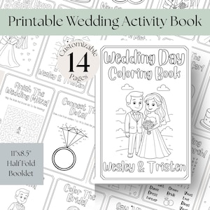May include: A printable wedding activity book with a white cover featuring a bride and groom illustration. The book includes a coloring book, mazes, and connect-the-dots activities. The booklet is 11"x8.5" and has 14 pages.