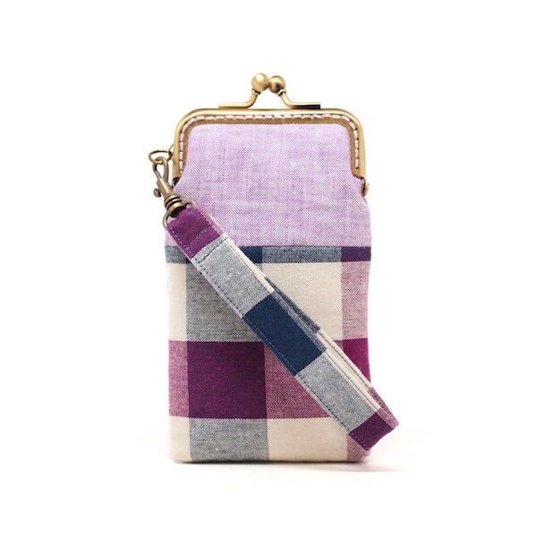 Purple plaid iPhone kisslock clutch