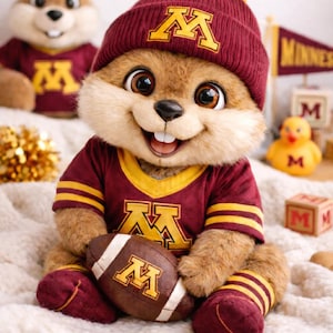 Könnte beinhalten: Ein Plüsch-Gopher-Maskottchen, das eine weinrote und goldene Football-Uniform und Mütze trägt und einen Football hält. Das Gopher hat einen lächelnden Ausdruck und ist von dekorativen Blöcken und einem Wimpel umgeben.