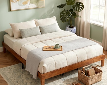 Solid Wood Bed Frame, Full Size Bed Base with Wood Slat Support, Sturdy, Stylish & Noise-Free Design, No Box Spring Needed, Easy Assembly