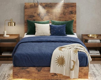 Cadre de lit flottant avec lumières LED à angle réglable, lit double queen-size king-size, cadre de lit plateforme en bois massif avec lampe de lecture