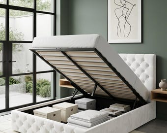 Lift Up Storage Bed, Modern Wingback Upholstered Headboard, Hydraulic Platform Bed, Wooden Slats Support, Heavy Duty Mattress Foundation