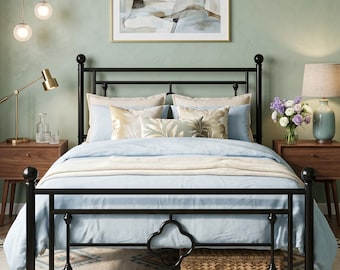 Cadre de lit plateforme en métal moderne avec tête de lit et pied de lit Iron-Art vintage, aucun sommier nécessaire, cadre de lit avec rangement sous le lit, chambre à coucher