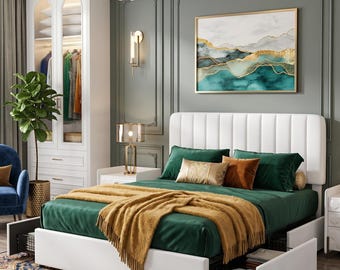 Cadre de lit rembourré queen/king size avec tiroirs, cadre de lit avec plate-forme de rangement avec tête de lit en velours, lattes en bois durables, tête de lit douce