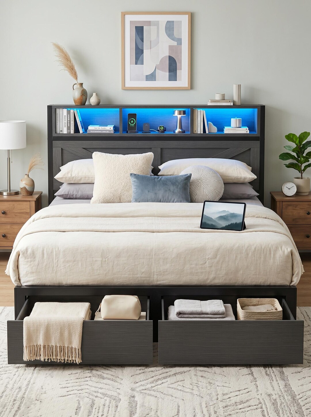 Farmhouse Bed Frame With Storage Headboard and Drawers, LED Light and ...
