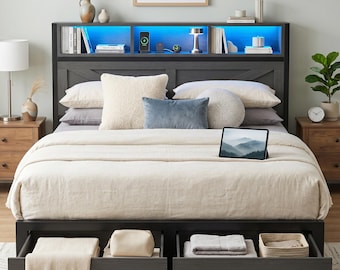 Farmhouse Bed Frame with Storage Headboard and Drawers, LED Light and Charging Outlet, Noise Free, No Box Spring Needed
