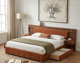 King/Queen Size Wood Platform Bed Frame, Nightstands & 2 Large Drawers Storage, Wood Slat Support, No Box Spring Needed, Ocher/Cream