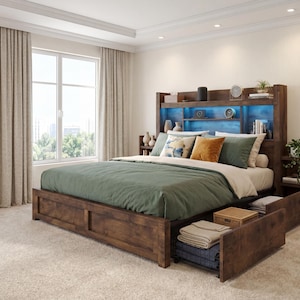 May include: A large, wooden bed frame with a built-in headboard featuring shelves and blue LED lighting. The bed has a green comforter, decorative pillows, and storage drawers. A painting and a ladder are visible in the background.