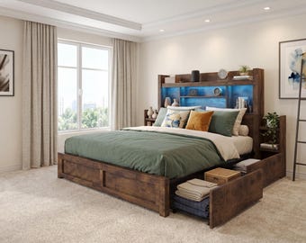 Farmhouse King Bed Frame with 4 Storage Drawers, LED Lights & Bookcase Headboard, Rustic Wood Platform Bed with Hidden Nightstand Shelf
