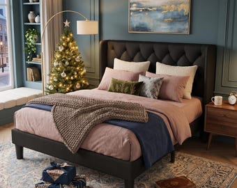 Cadre de lit plateforme de style moderne avec tête de lit capitonnée de 24 po. H, lattes de soutien en bois massif, pieds au design artistique, tissu en lin, chambre à coucher