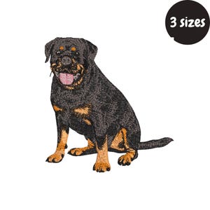 May include: An embroidered Rottweiler dog patch in black and tan, sitting with its tongue out. The patch has a detailed design and is set against a white background. A black circle with the text "3 sizes" is in the upper right corner.