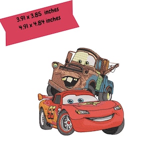 Machine embroidery design of a red race car and brown tow truck with dimensions 3.91 x 3.85 inches and 4.91 x 4.84 inches overlaid in a red banner.