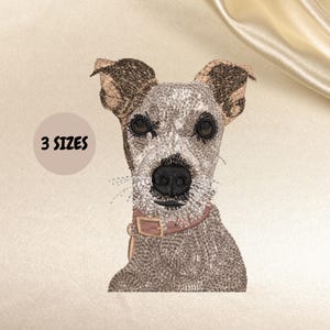 May include: Embroidered dog portrait with a detailed design. The dog has a gray and brown coat, large dark eyes, and a pink collar. The text "3 SIZES" is in a light brown circle.