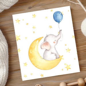 May include: A watercolor illustration of a baby elephant sitting on a yellow crescent moon, holding a blue balloon. The background is white with yellow stars. A charming nursery art print.