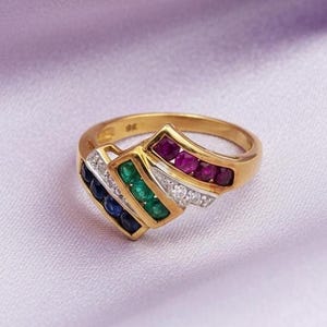 Anillo ornamentado de oro con gemas multicolor, joyería de boda/compromiso, chapado en oro de 14 quilates