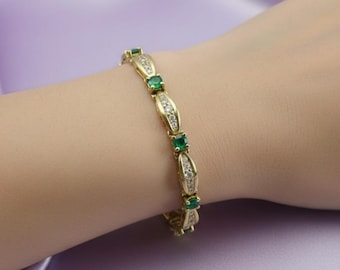 Grüner Smaragd & Diamant Tennis Damen Armband 14K Vergoldet Handgemachter Hochzeits Schmuck