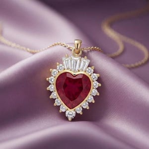 May include: A gold pendant necklace featuring a central heart-shaped red gemstone surrounded by a halo of round white stones and three baguette-cut white stones at the top. The pendant is suspended from a delicate gold chain with a polished finish.