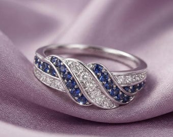 Handmade Ocean Wave Diamond & Sapphire 14K Gold Plated Women's Engagement Ring Gift For Her