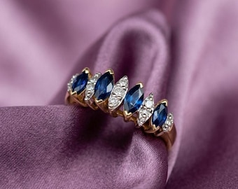 Marquise Sapphire Diamond Ring, 14K Gold Plated Sterling Silver Band, Vintage Wedding Ring