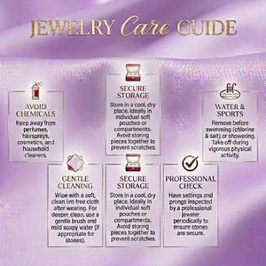 May include: A lavender-toned jewelry care guide infographic featuring gold text and icons. It provides instructions on avoiding chemicals, secure storage, water and sports, gentle cleaning, and professional checks for maintaining jewelry pieces.