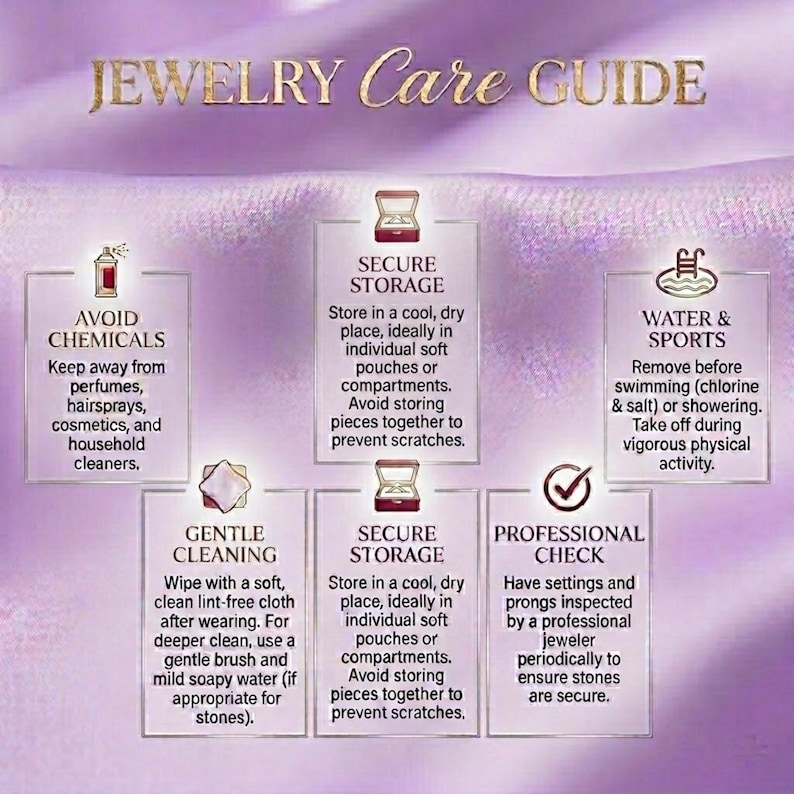 May include: A lavender-toned jewelry care guide infographic featuring gold text and icons. It provides instructions on avoiding chemicals, secure storage, water and sports, gentle cleaning, and professional checks for maintaining jewelry pieces.