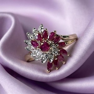 Cluster Cocktail Pink Ruby & Diamond 14K Gold Plated Women's Ring Everyday Jewelry