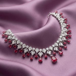 Royal Ruby & Diamond Cascade Statement Necklace 14K Gold Plated Wedding Jewelry