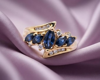 Handmade Marquise Blue Sapphire & Diamond Swirl Ring 14K Gold Plated For Women