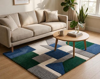 Hand Tufted Wool Rug | Blue Green Geometric Area Rug | Modern Abstract Design | Custom Size